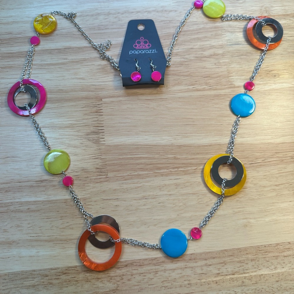 Chunky colorful circles Pink, yellow, blue and Orange Necklace and earrings set